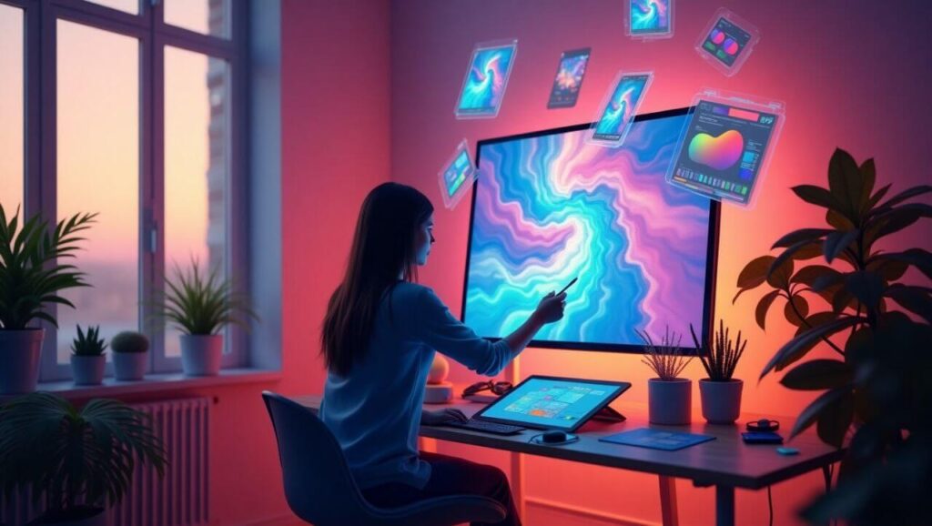 A digital artist creating visuals using Leonardo AI and Bing Image Creator, with vibrant creative tools floating around in a futuristic studio.