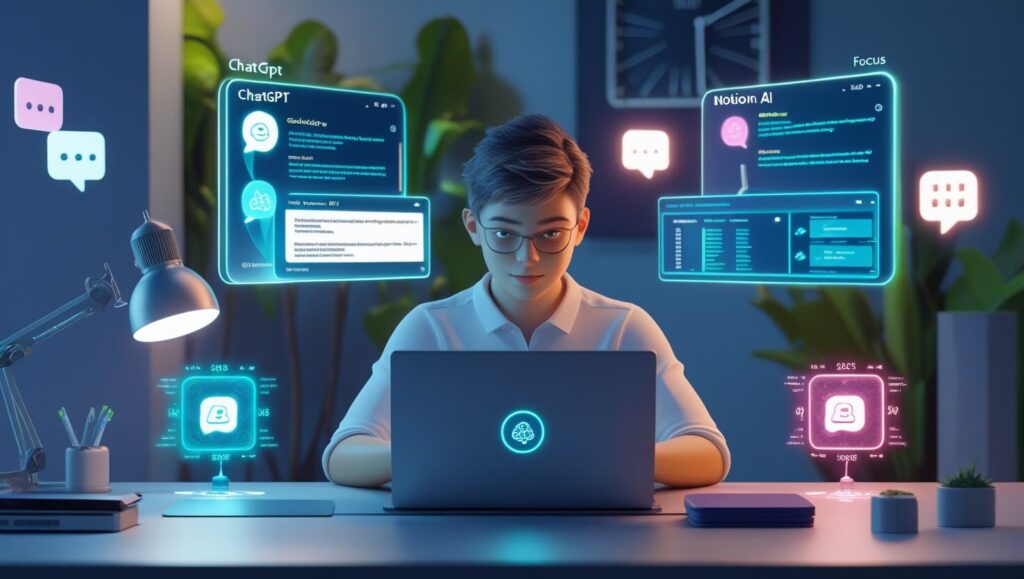 A focused professional using ChatGPT and Notion AI in a futuristic digital workspace to boost productivity, with floating AI interface windows and modern minimal aesthetics.