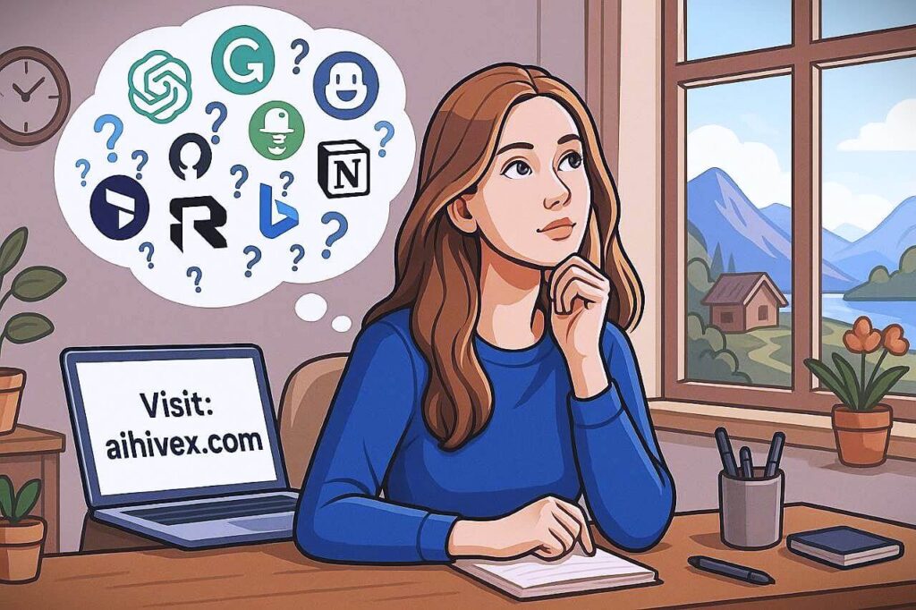 A young woman thinking about free AI tools 2025 while using a laptop, surrounded by AI tool icons in thought bubbles. Modern cozy room, perfect digital workspace.