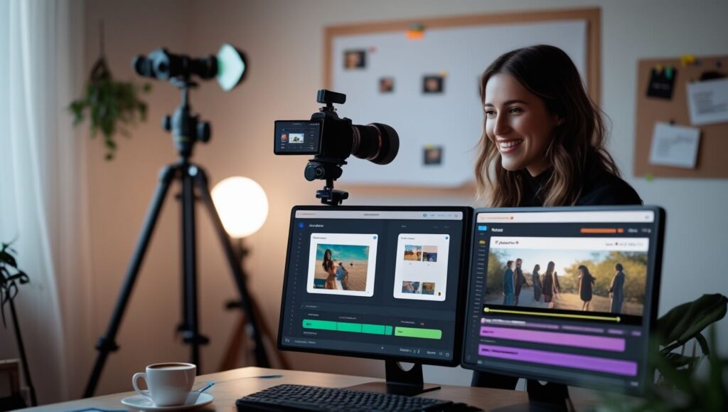 A video content creator editing footage using AI tools Pictory and Runway ML in a cinematic home studio setup.