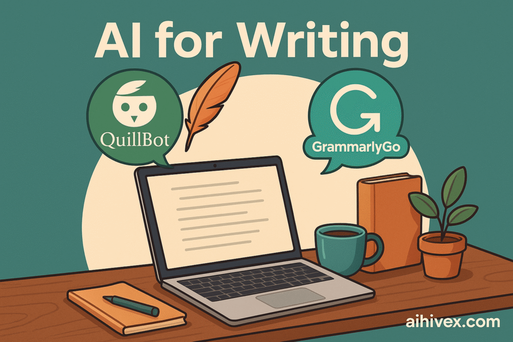 AI writing assistant tools GrammarlyGO and Quillbot shown as creative thought bubbles beside a writer working on laptop in a cozy room.